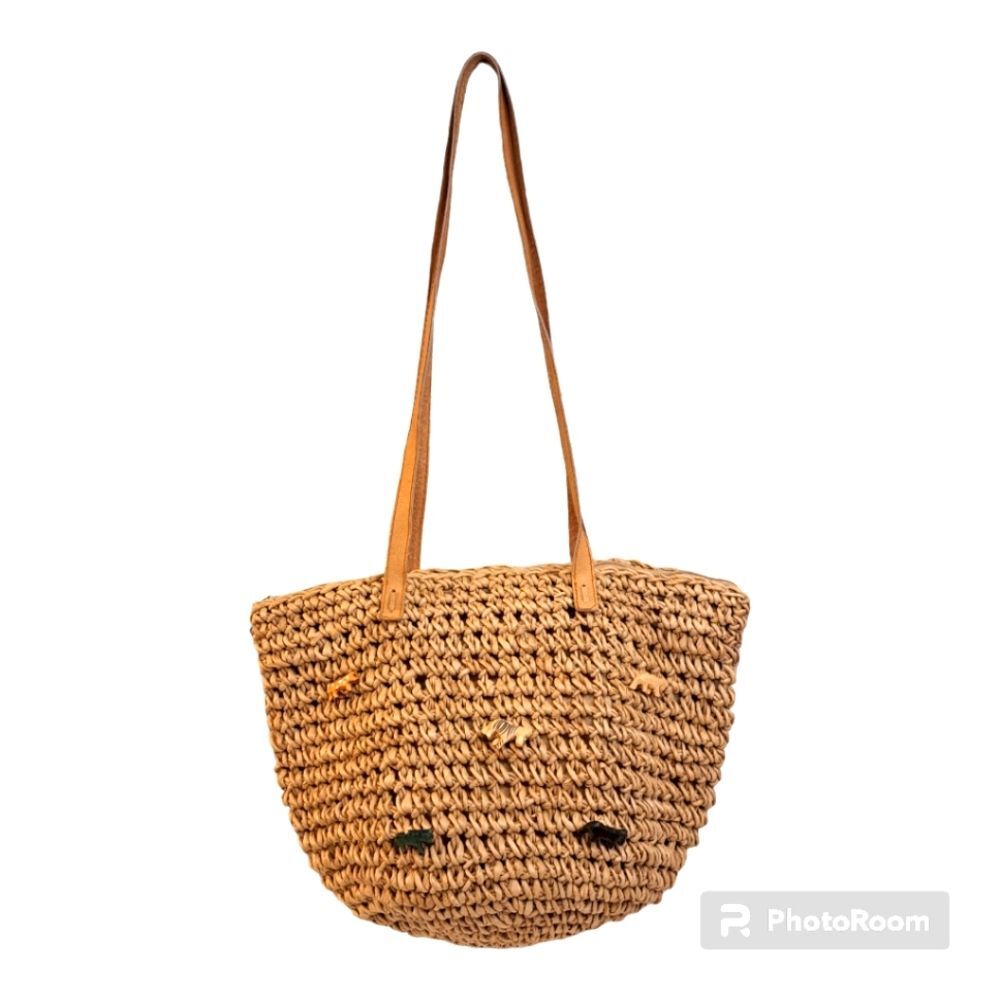 Woven Boho Tan Color Straw Small Tote Shoulder Bag Wood Animal Embellishments